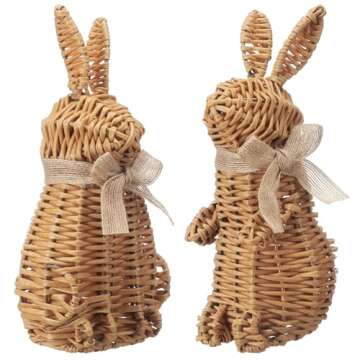 Wesiti 2 Pack Rattan Bunny Decoration, Easter Natural Rattan Sedentary & Stand Rabbit Statue Figurine for Home Spring Farmhouse Easter Table Decoration