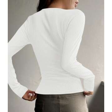 ZESICA Women's Long Sleeve Button Ribbed Shirts Spring Scoop Neck Casual Henly Tops,White,Large