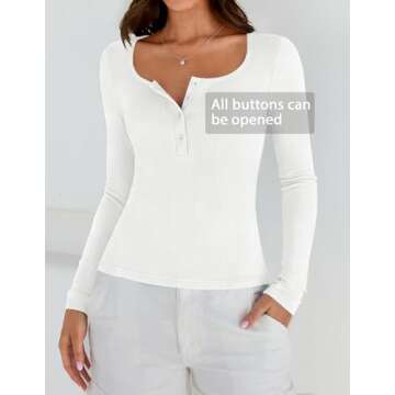 ZESICA Women's Long Sleeve Button Ribbed Shirts Spring Scoop Neck Casual Henly Tops,White,Large