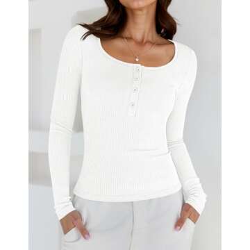 ZESICA Women's Long Sleeve Button Ribbed Shirts Spring Scoop Neck Casual Henly Tops,White,Large