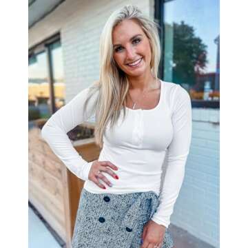 ZESICA Women's Long Sleeve Button Ribbed Shirts Spring Scoop Neck Casual Henly Tops,White,Large