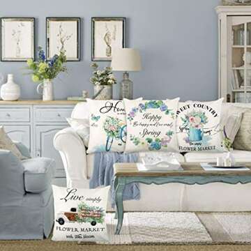 ZJHAI Spring Pillow Covers 18x18 Inch Set of 4 Farmhouse Floral Style Vintage Truck Bicycle Flower Decorative Throw Pillow Covers for Spring Home Decoration or Housewarming Gifts