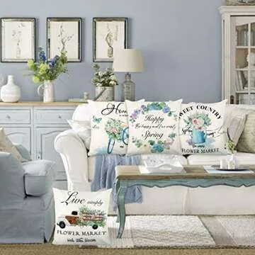ZJHAI Spring Pillow Covers 18x18 Inch Set of 4 Farmhouse Floral Style Vintage Truck Bicycle Flower Decorative Throw Pillow Covers for Spring Home Decoration or Housewarming Gifts