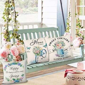 ZJHAI Spring Pillow Covers 18x18 Inch Set of 4 Farmhouse Floral Style Vintage Truck Bicycle Flower Decorative Throw Pillow Covers for Spring Home Decoration or Housewarming Gifts