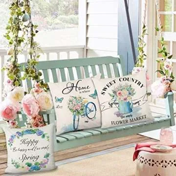 ZJHAI Spring Pillow Covers 18x18 Inch Set of 4 Farmhouse Floral Style Vintage Truck Bicycle Flower Decorative Throw Pillow Covers for Spring Home Decoration or Housewarming Gifts