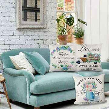 ZJHAI Spring Pillow Covers 18x18 Inch Set of 4 Farmhouse Floral Style Vintage Truck Bicycle Flower Decorative Throw Pillow Covers for Spring Home Decoration or Housewarming Gifts