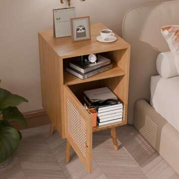 Xilingol Modern Rattan Nightstand, Boho Side Table with Handmade Rattan Decorated Door, Wood Bedside Table with Open Storage Shelf for Bedroom,Natural (no Charging Station, 1)
