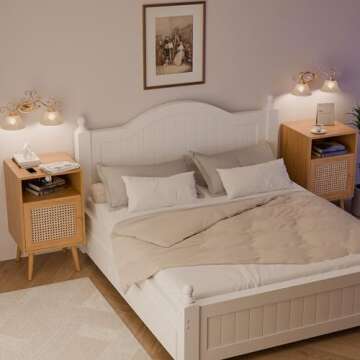 Xilingol Modern Rattan Nightstand, Boho Side Table with Handmade Rattan Decorated Door, Wood Bedside Table with Open Storage Shelf for Bedroom,Natural (no Charging Station, 1)