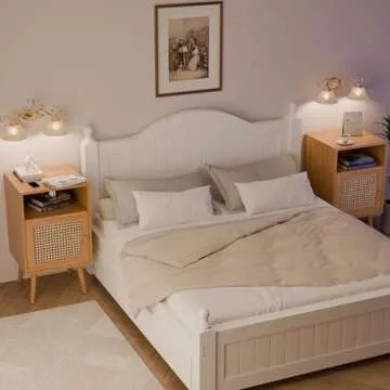 Xilingol Modern Rattan Nightstand, Boho Side Table with Handmade Rattan Decorated Door, Wood Bedside Table with Open Storage Shelf for Bedroom,Natural (no Charging Station, 1)