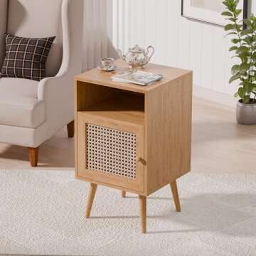 Xilingol Modern Rattan Nightstand, Boho Side Table with Handmade Rattan Decorated Door, Wood Bedside Table with Open Storage Shelf for Bedroom,Natural (no Charging Station, 1)