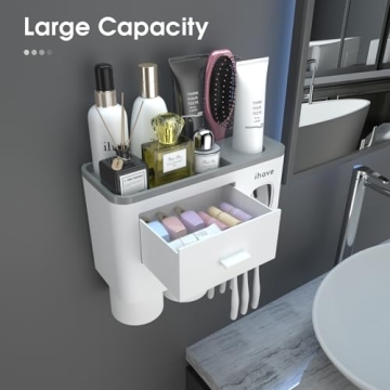 iHave Toothbrush Holder Wall Mounted with Toothpaste Dispenser