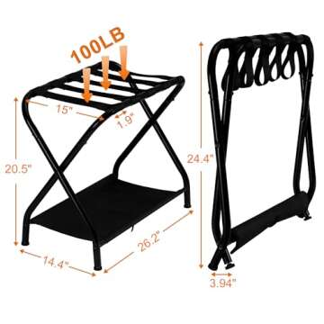 Heybly Luggage Rack,Pack of 2,Steel Folding Suitcase Stand with Storage Shelf for Guest Room Bedroom Hotel,Black,HLR002B2
