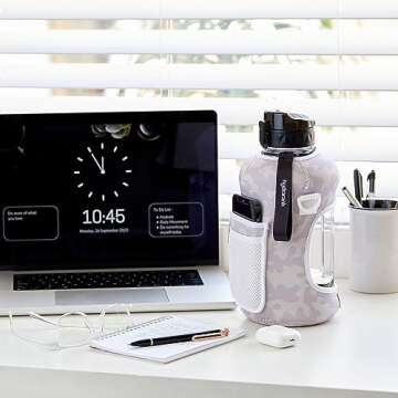 HYDRARANK Half Gallon Water Bottle with Storage Sleeve and Straw Lid - BPA Free Large Gym Water Bottle - Leak Proof - Reusable Water Jug with Strap, Handle for Daily Hydration (74 Ounce)