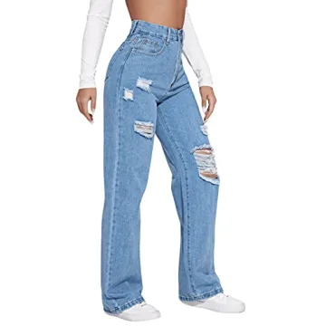 SweatyRocks Women's High Waisted Ripped Boyfriend Jeans - Light Wash with Pockets