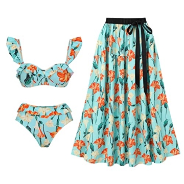 Floral Swimsuits for Women 2 Piece Bikini Set with Ruffle Long Beach Skirt V-Neck Bathing Suit Swimw...