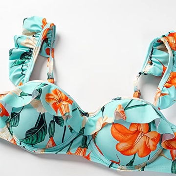 Floral Swimsuits for Women 2 Piece Bikini Set with Ruffle Long Beach Skirt V-Neck Bathing Suit Swimwear Cover ups Blue+Green Large