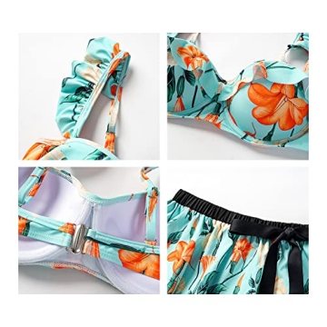 Floral Swimsuits for Women 2 Piece Bikini Set with Ruffle Long Beach Skirt V-Neck Bathing Suit Swimwear Cover ups Blue+Green Large