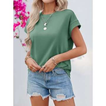 Tankaneo Womens Summer Cap Sleeve Tank Top Crew Neck Solid Casual Loose Fit Basic Tee Shirt Green