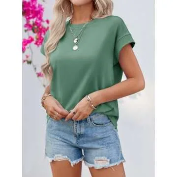 Tankaneo Womens Summer Cap Sleeve Tank Top Crew Neck Solid Casual Loose Fit Basic Tee Shirt Green