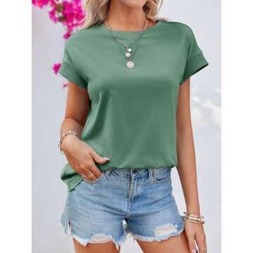 Tankaneo Womens Summer Cap Sleeve Tank Top Crew Neck Solid Casual Loose Fit Basic Tee Shirt Green