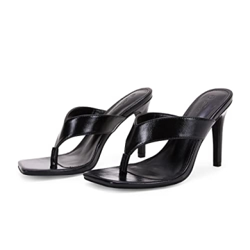 Ermonn Womens Square Open Toe Heeled Sandals Flip Flop Thong Slides Stiletto Slip On Summer Sexy Dressy Shoes Black Size 8