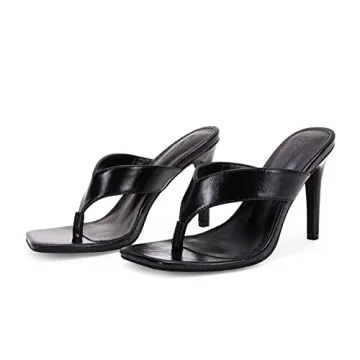 Ermonn Womens Square Open Toe Heeled Sandals Flip Flop Thong Slides Stiletto Slip On Summer Sexy Dressy Shoes Black Size 8