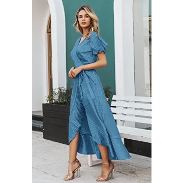 Miessial Women's Leopard Print Satin Split Long Dress Elegant Wrap V-Neck Flowy Maxi Dress Royal Blue 2-4