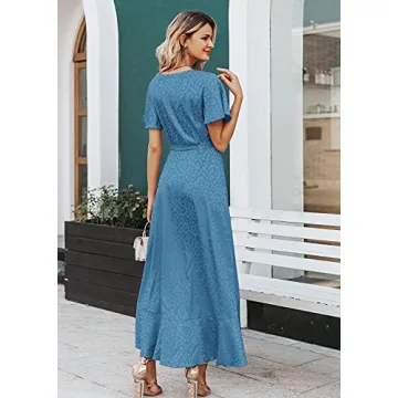 Miessial Women's Leopard Print Satin Split Long Dress Elegant Wrap V-Neck Flowy Maxi Dress Royal Blue 2-4