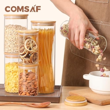 ComSaf Glass Food Storage Jars Set of 6 for Kitchen Organization