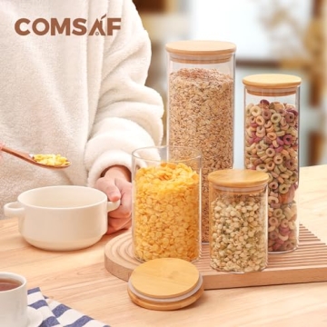 ComSaf Glass Food Storage Jars Set of 6 for Kitchen Organization