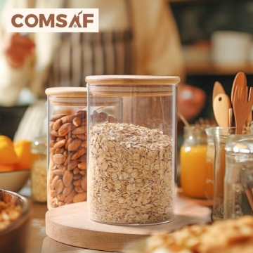 ComSaf Glass Food Storage Jars Set of 6 for Kitchen Organization