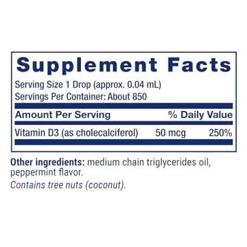 Life Extension Liquid Vitamin D3 (Mint), 50 mcg (2000 IU), Immune System Support, Bone Health, Whole-Body Health, Tasty Peppermint Flavor, Gluten Free, Non-GMO, 29.57 ml