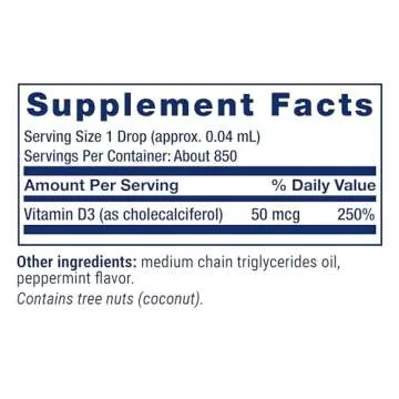 Life Extension Liquid Vitamin D3 (Mint), 50 mcg (2000 IU), Immune System Support, Bone Health, Whole-Body Health, Tasty Peppermint Flavor, Gluten Free, Non-GMO, 29.57 ml
