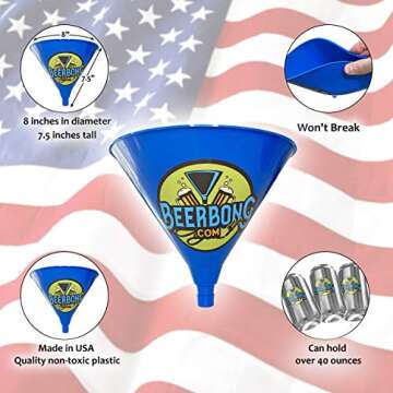 Beer Bong Funnel with Valve - USA Made Extra Long 3ft (36 inch) Tubing Kink-Free + Shotgun Keychain - 40 oz USA Made 100% Recycled Funnel for Beer Drinking Games, College Parties, Spring Break