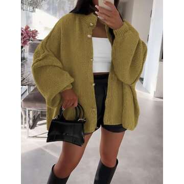PRETTYGARDEN Women's Winter Button Down Cardigan Sweaters Mock Neck Lantern Long Sleeve Chunky Knit ...