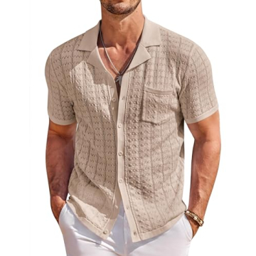 COOFANDY Men's Short Sleeve Knit Polo Shirt Vintage Button Down Casual Summer Polo Beach Tops Khaki