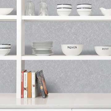 Biyoee Silver Grey Wallpaper Peel and Stick Contact Paper 17.7" X 120"Self Adhesive Embossed Silver Grey Contact Paper Removable Kitchen Wallpaper Vinyl Roll Textured Wallpaper Cabinet Shelf Paper
