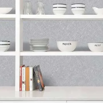 Biyoee Silver Grey Wallpaper Peel and Stick Contact Paper 17.7" X 120"Self Adhesive Embossed Silver Grey Contact Paper Removable Kitchen Wallpaper Vinyl Roll Textured Wallpaper Cabinet Shelf Paper