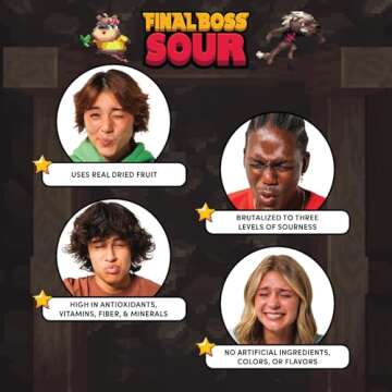 Final Boss Sour, Extremely Super Sour Gummy Candy, Strawberry, LvL 3, (1.06 Ounces Bags, 10 Bags) - Gummies Made with Dried Fruit, Free of Artificial Colors, Low Calorie Healthy Snack for Kids & Adults