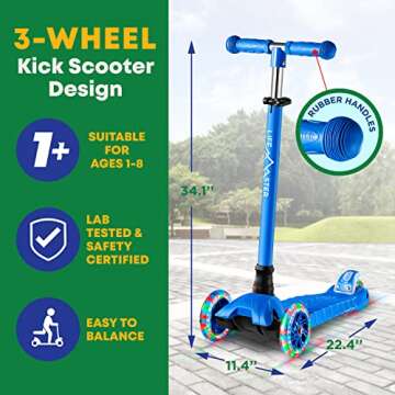 Lifemaster Kids Scooter – Children and Toddler 3 Wheel Kick Scooter – LED Wheel Lights Illuminate When Rolling– Adjustable Handlebar – Indoor and Outdoor Blue
