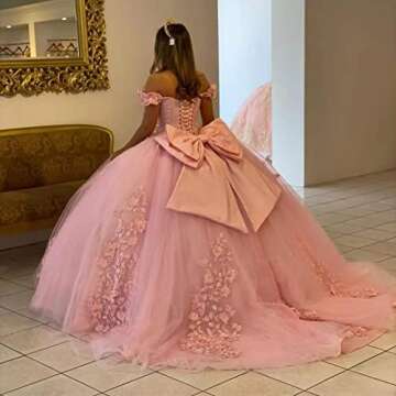 Mouccy Princess Lace Pink Quinceanera Dresses Puffy Tulle Sweet 16 Dresses 2023 Off Shoulder 3D Flor...