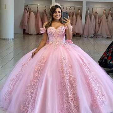 Mouccy Princess Lace Pink Quinceanera Dresses Puffy Tulle Sweet 16 Dresses 2023 Off Shoulder 3D Floral Prom Gowns with Train Petite Size 4