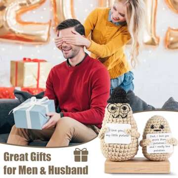 Fathers Day Gift, Handmade Positive Crochet Potato, Funny Novelty Gift, Emotional Support Pickle, Knitted Doll Birthday Gift with Wooden Base for Dad