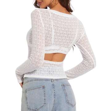 Women Y2K Slim Fit Crop Tops Sexy Cut Out Back Lace Long Sleeve Shirt White S