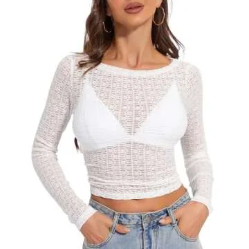 Women Y2K Slim Fit Crop Tops Sexy Cut Out Back Lace Long Sleeve Shirt White S