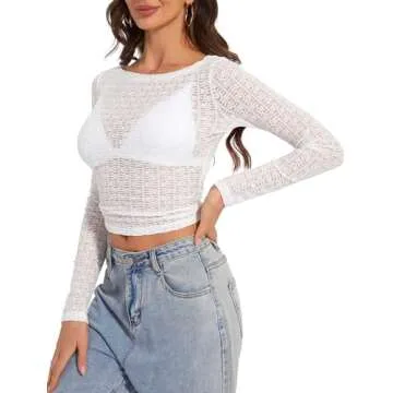 Women Y2K Slim Fit Crop Tops Sexy Cut Out Back Lace Long Sleeve Shirt White S