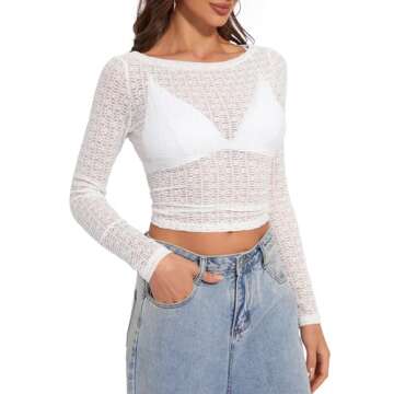 Women Y2K Slim Fit Crop Tops Sexy Cut Out Back Lace Long Sleeve Shirt White S