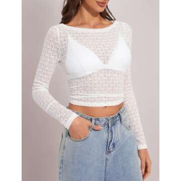 Women Y2K Slim Fit Crop Tops Sexy Cut Out Back Lace Long Sleeve Shirt White S