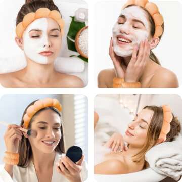 Spa Headbands for Washing Face Wristband Set Sponge Makeup Skincare Headband Wrist Towels Bubble Soft Terry Towel Cloth Hairband for Women Puffy Headwear Non Slip Thick Thin Hair Headwear (Orange)