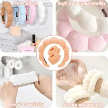 Spa Headbands for Washing Face Wristband Set Sponge Makeup Skincare Headband Wrist Towels Bubble Soft Terry Towel Cloth Hairband for Women Puffy Headwear Non Slip Thick Thin Hair Headwear (Orange)